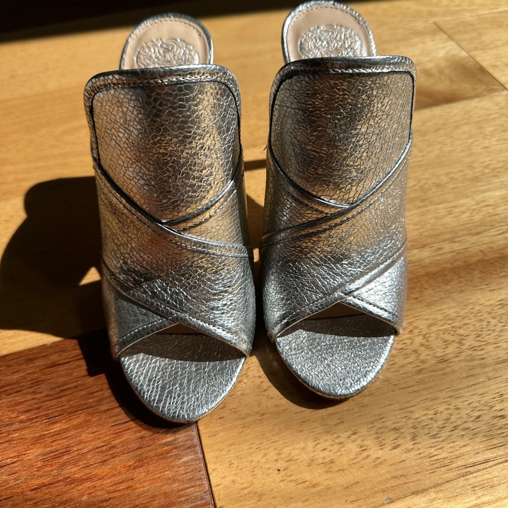Vince Camuto Silver Mules with Crisscross Straps